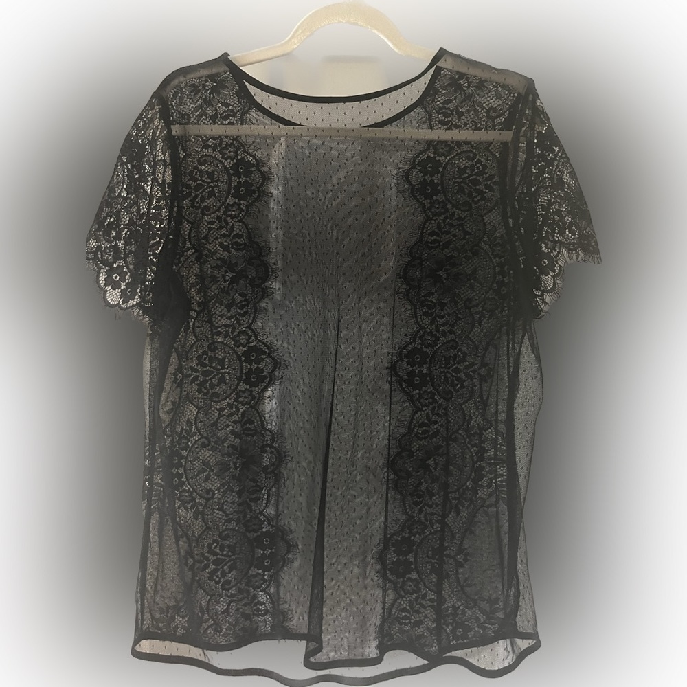 Black lace short sleeve sheer shirt